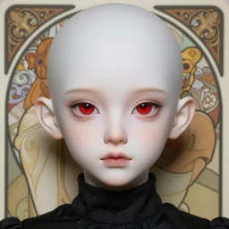 portrait of a 4 0 - year - old bald character, male, with a white complexion, wide, cat - like scarlet eyes, a nose flat like a snake's nose, and a thin mouth, wearing in black clothes, hyper realistic face, beautiful eyes, fantasy art, in the style of greg rutkowski, intricate, alphonse mucha, hyper detailed, smooth