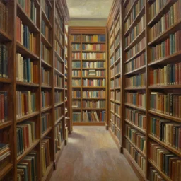 liminal space, library, hyper realistic, detailed, oil on canvas, by Greg Rutkowski, Thomas Kinkade