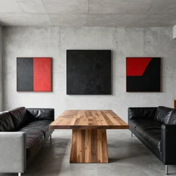 a concrete room with a wooden table and a leather sofa and paintings on the wall, high quality, 8 k, architecture, symmetrical, harmonious, black white and red colours, calm, high coherence, natural lighting, path traced, highly detailed, hyperrealistic, concept art, octane render, unreal engine 5, trending on artstation, beautiful, elegant