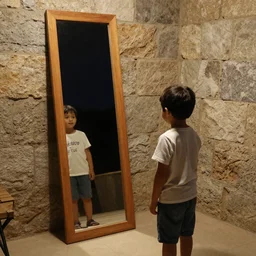 A photograph of a young boy standing in front of a body length mirror. The boy is in a stone room. At night.