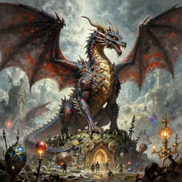fantasy dragon utopia, ultra realistic, wide angle, intricate details, the fifth element artifacts, highly detailed by peter mohrbacher, hajime sorayama, wayne barlowe, boris vallejo, aaron horkey, gaston bussiere, craig mullins
