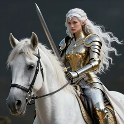 walkyrie candice swanepoel riding a white horse, with a curved sword, platinum white wavy long hair, white headband in the front with diamonds, jewelry body armor in golden and silver colors, pointy ears, detailed, epic masterpiece of cinematographic hyperrealism, realistic shaded lighting poster by craig mallismo, artgerm, jeremy lipkin and michael garmash, unreal engine,