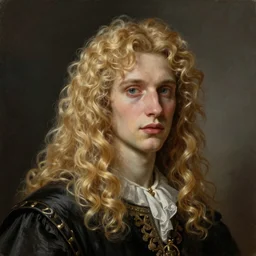a striking hyper real painting of Lucius the pretty pale androgynous prince with long fluffy curly blond hair by Jan Matejko