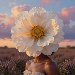 closeup, large flower as head, black girl in heather field, surreal photography, golden hour, colorful clouds, impressionist painting, digital painting, artstation, simon stalenhag