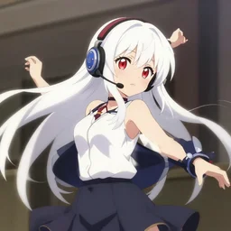 anime film still of a long white haired red eyed cute girl wearing a headset, dynamic pose, kuvshinov ilya, kyoani, shirabii