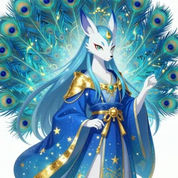 realistic anime screenshot of a rich ethereal colorful blue hybrid of a peacock and kitsune, accented in bright metallic gold, wearing star filled mage robes and excessive amounts of golden jewelry and gems, art by yuji ikehata and satoshi kon, background art by miyazaki, realism, proper human proportions, fully clothed, vhs