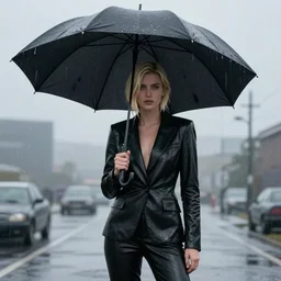 senz umbrella, being held by short blonde hair, black leather suit supermodel, in the rain, a still from death stranding ( 2 0 1 9 ) action game, by ashley wood, 6 0's french movie poster, french impressionism, vivid colors, palette knife and brush strokes, concept art