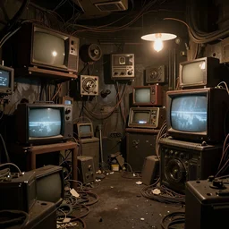 Steampunk interior, room of wires, television screens, random technology, other junk, rubbish, dirty, subdued lighting, neon bulbs, single light source, photographic quality, directed by Stanley Kubrick, atmospheric lighting, cinematic, trending on artstation, octane render