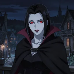 a portrait of a very beautiful vampire woman with black hair and pale skin, red eyes, wearing a black cloak, nightime village background, anime key visual, dramatic lighting, 4k resolution, illustration, high quality, highly detailed, charlie bowater, lois van baarle, ilya kuvshinov, rossdraws, artstation