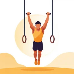 stylized vector graphic of an athlete using gymnastic rings in the sun, warm colors, white background, trending on artstation