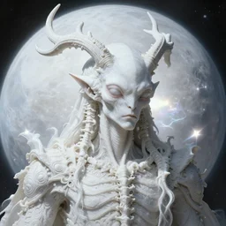 surreal baroque portrait of ribbed white alien god covered with spinal antlers, on white exoplanet, cold color scheme, iredescent soft glow bloom effect, dream - like, baroque portrait painting, perfect composition, beautiful intricate detailed octane render, artstation, 8 k, photorealistic, volumetric cinematic light, chiaroscuro, masterpiece, raphael, caravaggio, beksinski, giger