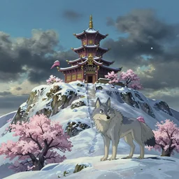 a wholesome animation key shot, wolf spirit totem temple on the top of a mountain!! winter, smow, studio ghibli, pixar and disney animation, sharp, rendered in unreal engine 5, anime key art by greg rutkowski, bloom, dramatic lighting, volumetric lighting!!
