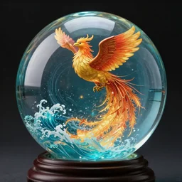 glass crystal ball with a phoenix rising from the ashes inside, splitting ocean, studio ghibili, path traced, octane render, highly detailed, high quality, artgerm, hd, alphonse mucha, tom bagshaw