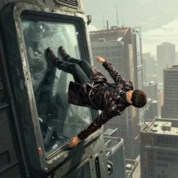 movie poster of an android falling off a large windowed building in a muddy cyberpunk city, muted colors, anime, futuristic, highly detailed, octane render, movie poster, wearing a leather trench coat, illustration, digital painting, matte painting, good value control, rule of thirds