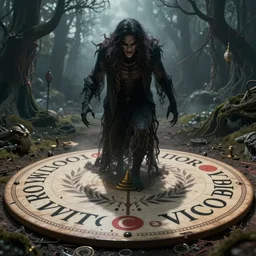 malevolent spirit emerging from a Ouija board, detailed realistic cinematic, set design, concept art