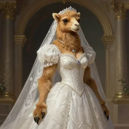 full photograph female anthro camel fursona in a wedding dress, deep focus, intricate, elegant, regal, highly detailed, digital painting, artstation, concept art, matte, sharp focus, illustration, d & d, fantasy, hearthstone, art by artgerm and greg rutkowski and alphonse mucha