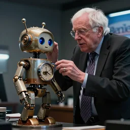bernie sanders putting the finishing touches on a ( ( ( ( cute ) ) ) ) clockwork doomsday robot, cinematic moody lighting, sharp focus, imax