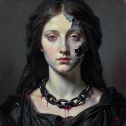 hyperrealism close - up mythological portrait of a beautiful medieval woman's fractured face blended with dark obsidian in style of classicism, black massive chains around the neck, pale skin, ivory make up, wearing black silk robe, dark and dull palette acrylic paintdrip and magenta tar, repaired with kintsugi