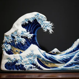 a white and blue sculpture of The Great Wave off Kanagawa on a table