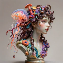 flume and former cover art future bass girl un wrapped statue bust curls of hair petite lush side view body droplet vibrant branch futuristic fabric only skin jellyfish fungi material style of Jonathan Zawada, Thisset colours simple background objective