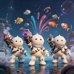 in the deep, scifi scene, universe landscape, three cute monsters, hold mechanical weapons, wearing brand of off white style, catching colorful fishes + sepia + octopus, with depth of field, octane render, neon hand sports bracelet, standing on the water ground, with splatoon + ratchet & clank : rift apart style, smoke war, comic paint, anorld render, unreal engine render, vfx, octane render, highly quality, artstation, 4 k,