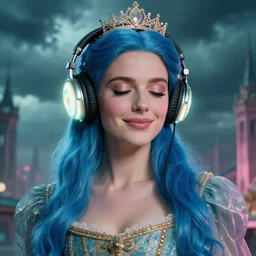 close up portrait queen with glowing headphones, regal dress, subtle smile, blue long haired elegant model, female, eyes closed, by greg rutkowski, storm clouds, in fantasy city, teal and pink color palette, annie liebovitz, preraphaelite, detailed c