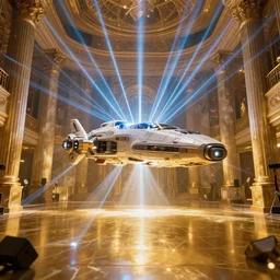 a spaceship beaming a light underneath, lasers all over the scene, strobe lights, golden floor, lavish, luxurious, marble walls, cinematic, hyper realism, high detail, octane render, 8 k