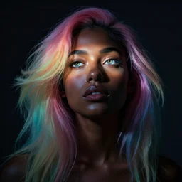 dramatic lighting portrait of a beautiful! young woman with very dark skin and rainbow colored cotton candy hair. moody and melancholy. dark background with powerful rim light. enhanced eye details with reflection, looking up. digital art by beeple