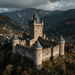 medieval castle, aerial view, drone photography, cinematic, mountains