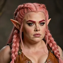 fantasy character portrait photo. female dwarf. short, broad, extremely jacked physique. broad face resembles cara delevingne but very squat. wide face, androgynous but pretty. elaborately braided orangepink hair. long sidebuns, downy cheeks. thick bushy groomed red eyebrows with multiple piercings. tan leather vest, bare bodybuilder shoulders. kohl, lipgloss