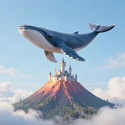 a magical castle on the top of a volcano, flying whale, epic, trendy on artstation, concept art