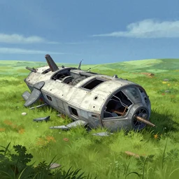 wreckage of a spaceship that has crashed on an grass field, from a space themed point and click 2 d graphic adventure game, art inspired by thomas kinkade and bob ross