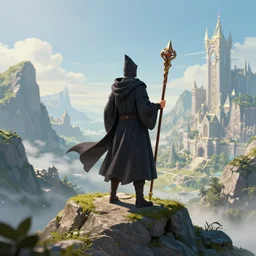 A male wizard with a staff standing on a mountain peak over looking  a kingdom, digital art, 4k, atmosphere, volumetrics, 8k
