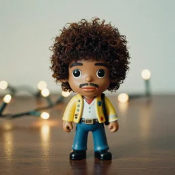close up of photo of Jimmy Hendrix bobble head on table top with fairy lights in the background, expired film, thin dof, soft lighting, realistic, swirly bokeh
