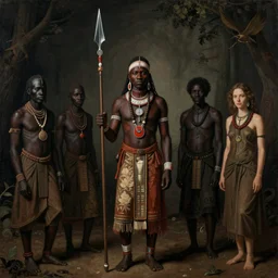 a symmetrical matte portrait of zulu shaman with a tall ornate spear. noble bearing. cinematic atmospheric lighting, painted, intricate, ultra - portrait of the innermost soul by dave dorman hieronymus bosch, cyril rolando, esher and natalie shau, whimsical, profound, impossible. trending on devaintart. dark, brooding,