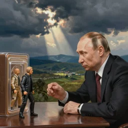 putin playing with action figures, digital painting