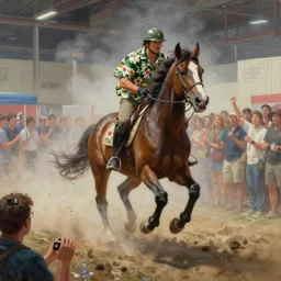 a centaur wearing a hawaiian shirt, galloping into a crowded convention center, obscured in fog, and hundreds of spectators are watching and cheering, epic, oil painting, hyper realistic,