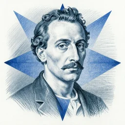 Close-up of El Cid, pencil drawing. El Greco, Remedios Varo, Salvador Dali, Carl Gustav Carus, John Atkinson Grimshaw. Blue tint. Symetrical, logo, geometric shapes.