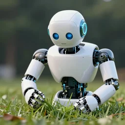 ROBOT eating grass in front of a something