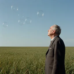 an old man in a field looking at multiverse bubbles in the sky, scene from a stanley kubrick movie
