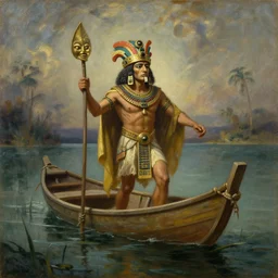 an aztec cultist on a boat in the swamp in the style of romanticism, oil painting
