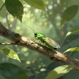 beautiful concept art of a green insect on a tree branch among many leaves, dappled sunlight, colorful, fantasy, by greg rutkowski, trending on artstation.