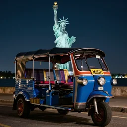 a blue tuk tuk with the statue of liberty in the background, night