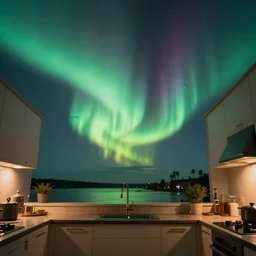 a photo of aurora borealis localized entirely within my kitchen!!!, color photography, high quality, volumetric light, beautiful, 4 k