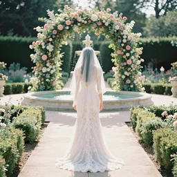 analog photograph of beautiful woman from the back wearing a long flowing trumpet style lace wedding dress and veil in a stunning garden on a small stone pathway with a flower archway and a pristine fountain at midday by mark owen. rule of thirds. pastel colours. light rays. bokeh. cinematic. hq. detailed. contrast. cinestill 8 0 0 t