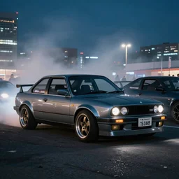 a car S30 twin turbo drift at illegal car meet, Saitama prefecture, city midnight mist lights, cinematic lighting, photorealistic, highly detailed wheels, high detail