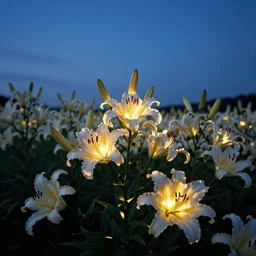 a garden of starlight lillies, blue sky, detailed, photo-realistic