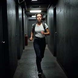 Ridley Scott cinematic scene from Alien movie with Ripley running in a corridor alone, low light, dark, grainy, 35 mm, realistic, Panavision PSR R-200