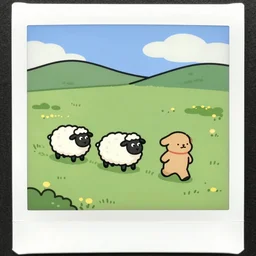 three cute sheeps + cute human, walking on a polaroid, micro - landscape, comic paint,