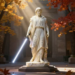 a long wide shot of a marble - statue of a marble - jedi with a marble - lightsaber on a base in a museum, god - rays, dramatic light, global illumination, radiant light, unreal 5, daz, hyperrealistic, octane render, dynamic lighting, intricate detail, harvest fall vibrancy, cinematic